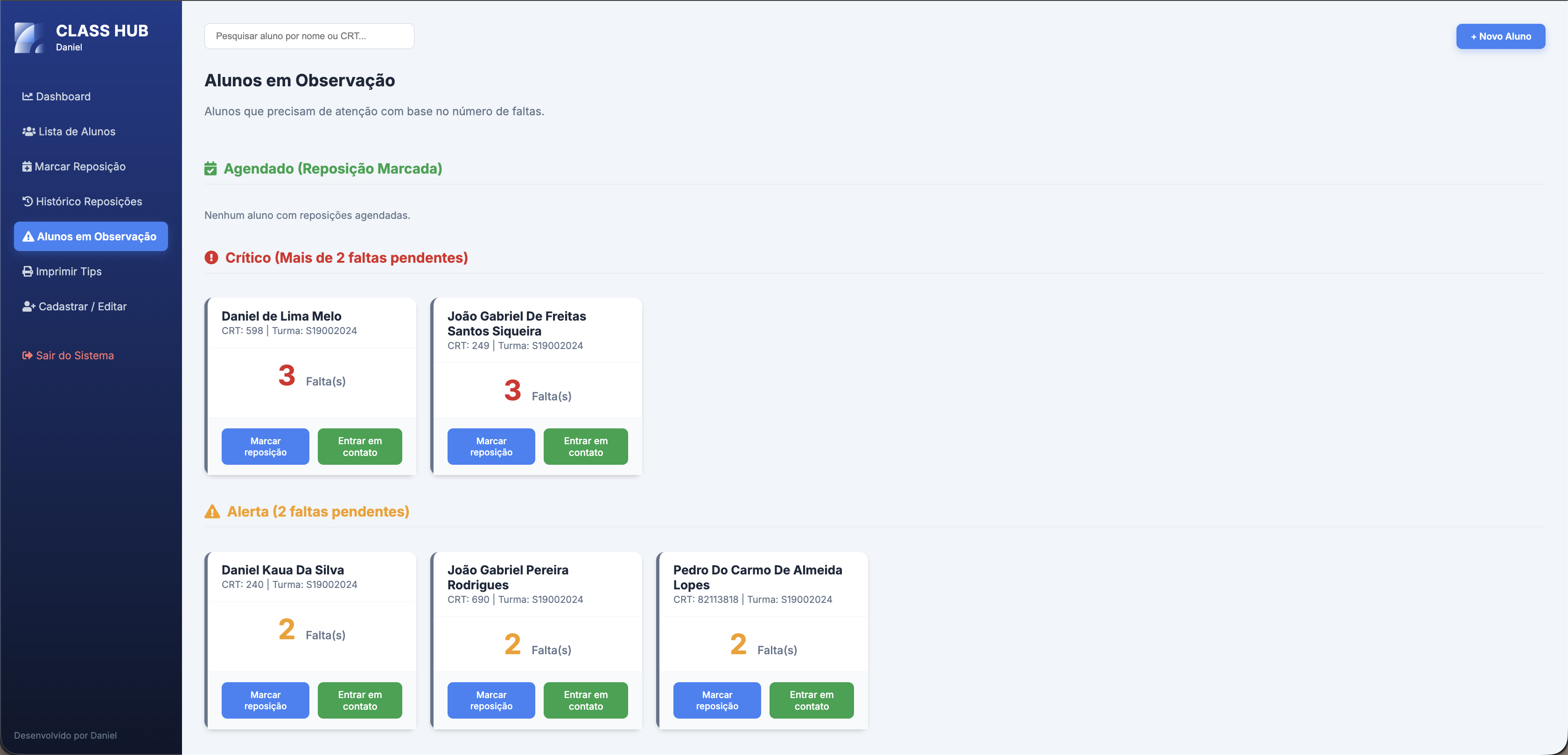 Interface do Class Hub, sistema de gestão escolar